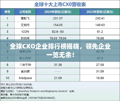 全球CXO企业排行榜揭晓，领先企业一览无余！